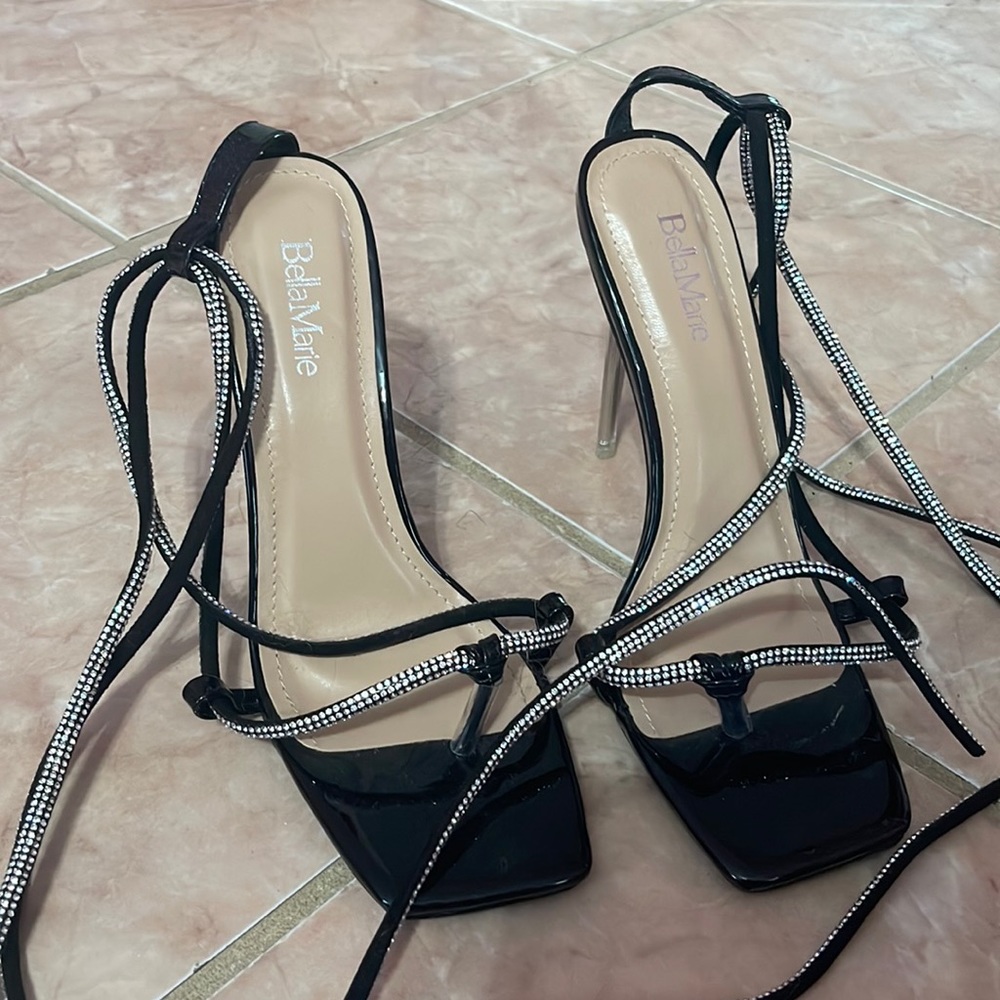 Black Heels with Rhinestone Tie up Strap Size 7